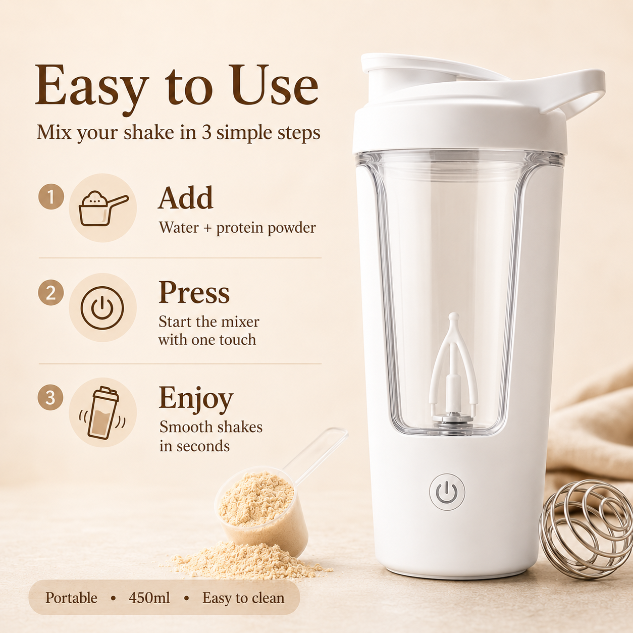 Botella Mezcladora Eléctrica Portátil de 450 ml, Mezcladora Automática, Vaso Mezclador Multiusos para Jugos, para Fitness y Trabajo